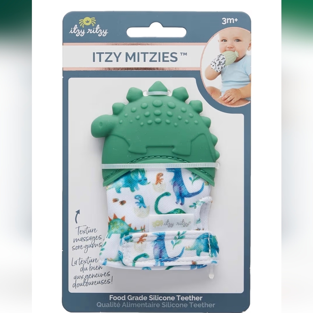New Itzy Mitzies Teething Mitt- Dinosaur Green